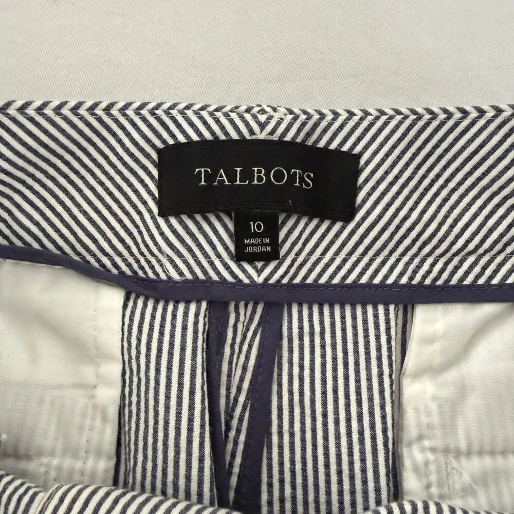 Talbots | Blue White Pinstripe Seersucker Skirt | Size 10 | Cotton A-Line | Summ
